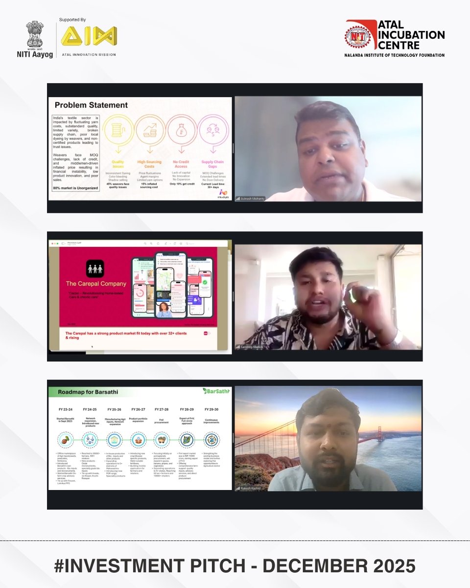 🚀 <a href="/AtalNit/">AIC-Nalanda Institute of Technology Foundation</a>  hosted an exclusive Investment Pitch Program on 12 Dec 2025 for its incubatees, where 8 portfolio startups showcased their solutions &amp; business models to a panel of distinguished investors.

Huge thanks to:
Sitanshu Pujari (ICICI Bank) | Manoj Kar (HNI) | Anmol Sahu