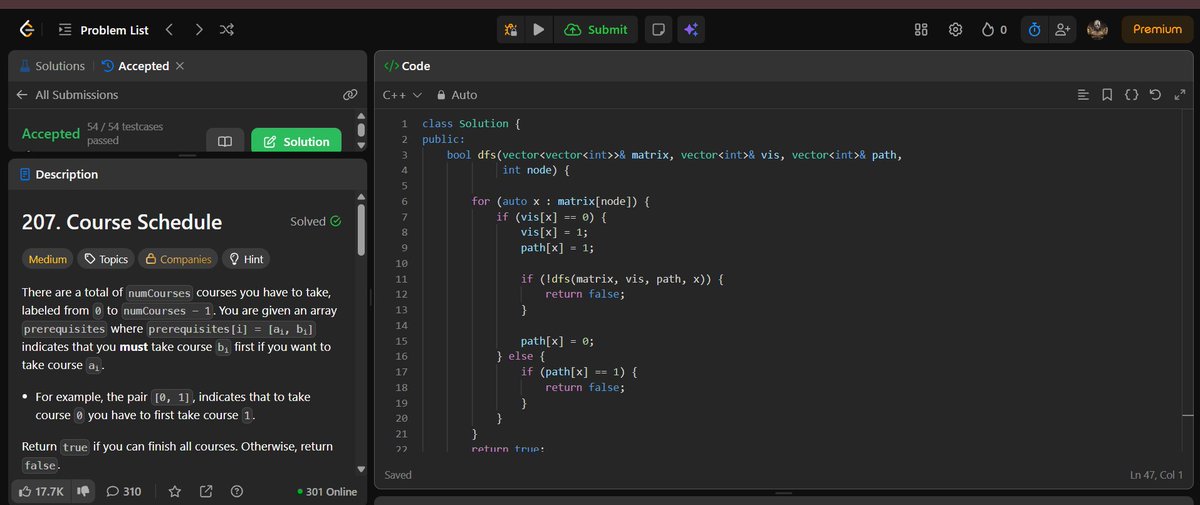 adhdcreep71673's tweet image. #100DaysOfCode 
Day [3/100]
Solved course schedule problem on #LeetCode 
Solved the question using two vector visited and path visited, we can backtrack and unset path visited.