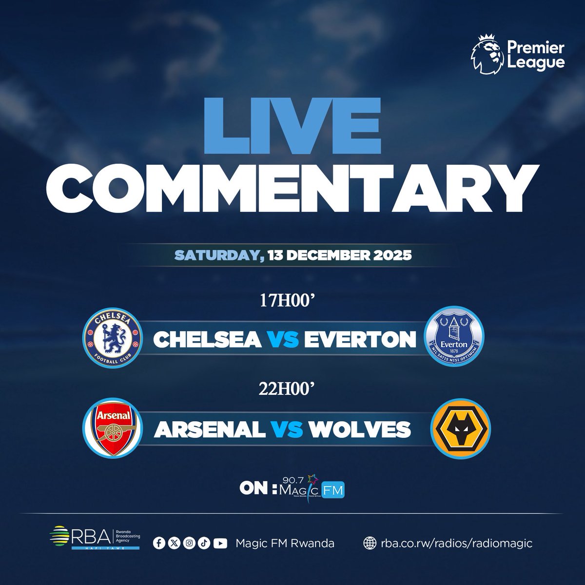 MagicFmRadio's tweet image. #premierleague irakomeza kuri uyu wa Gatandatu!🔥⚽️Chelsea imaze iminsi ititwara neza igiye kwakira Everton idakangwa n’amakipe akomeye!

Arsenal ikeneye gutsinda ngo ikomeze iyobore shampiyona,irakira Wolves iri ku mwanya wa nyuma!

Izi #Matches urazumva kuri #MagicFM #RBASports