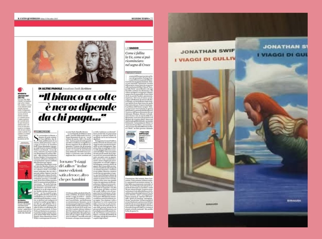 Sul Fatto oggi in edicola un mio breve ritratto di Jonathan Swift. In libreria per Einaudi "I viaggi di Gulliver" con la nuova traduzione di Anna Nadotti e illustrazioni di Lorenzo Mattotti.
