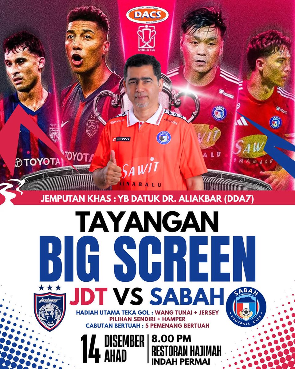 aliakbargulasan's tweet photo. Mana peminat-peminat Sabah FC sini? Jom kita meriahkan final Piala FA pada Ahad malam nanti.

Sokong Sabah FC bersama-sama. Jumpa di sana!

#SabahFC
#FinalFACup
#SabahvsJDT
#DDA7 https://t.co/GQP9BW8H1x