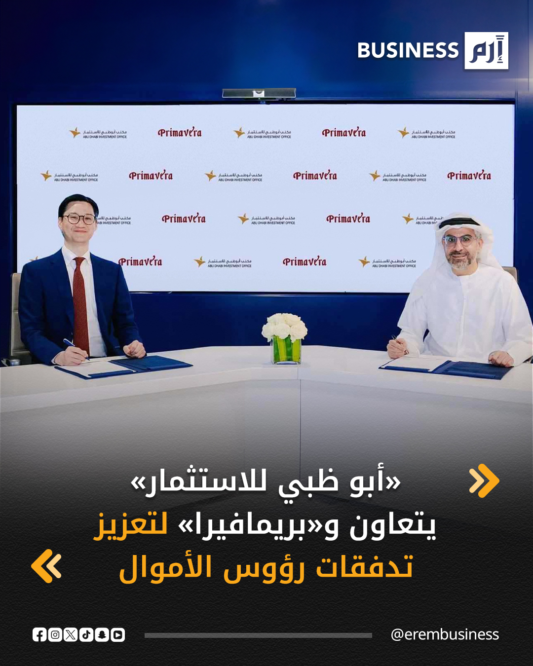 أبرم مكتب أبوظبي للاستثمار شراكة اقتصادية مع شركة «بريمافيرا كابيتال» (بريمافيرا) العاملة في إدارة الاستثمارات، بهدف تعزيز تدفقات رؤوس الأموال الدولية وتسهيل عقد الشراكات مع المستثمرين وتوسيع حضور الشركات العالمية في أبوظبي.. التفاصيل في 