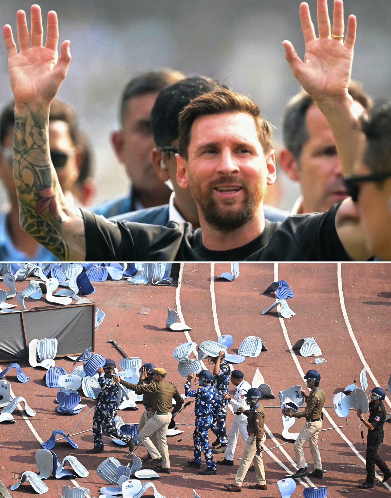 فوضى في زيارة ميسي للهند. فقد بعض المشجعين في ملعب سولت ليك في كولكاتا أعصابهم، وقاموا برمي الزجاجات والكراسي وتخريب ممتلكات الملعب بعد فشلهم في رؤية ميسي بوضوح. على الرغم من المحاولات المتكررة من السلطات لإخلاء الطريق أثناء جولة ميسي الاحتفالية، إلا أنه لم يكن من الممكن إخلاء التجمع للسماح لكل قسم من الجمهور برؤية واضحة. أعربت بانيرجي رئيسة وزراء ولاية البنغال الغربية عن استيائها الشديد "أتقدم بخالص اعتذاري إلى ليونيل ميسي، وإلى جميع عشاق الرياضة ومعجبيه عن هذا الحادث المؤسف" 