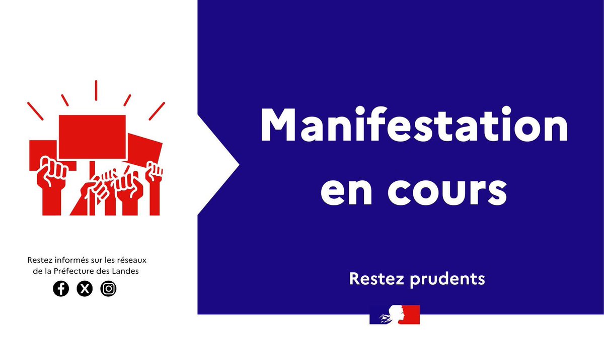 🔴#Manifestation 

Dans le cadre de la mobilisation agricole, des perturbations de circulation sont en cours sur le rond-point de Saint-Avit et de Coumassotte à Mont-de-Marsan 

✅ Privilégiez d'autres itinéraires
✅ Adaptez votre vitesse
✅ Restez prudents
