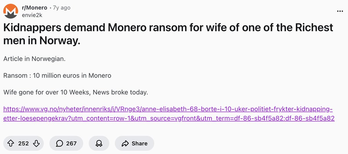 groyperxmr's tweet image. Look at people in need of privacy's actions, not paid shills on Twitter.

Why would these kidnappers want to be paid all in Monero if any other "privacy token" was better and more anonymous?

Think about that.

It's been 7 years, and they're still not caught. These are…