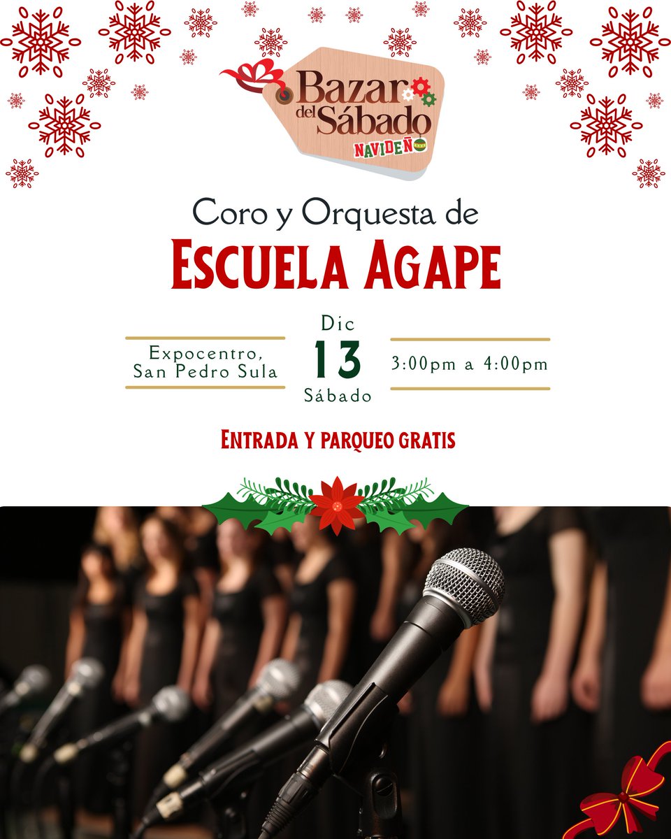 ¡Hoy el Bazar Navideño se llena de música y espíritu festivo! 🎶🎄
Disfruta la presentación especial del Coro y Orquesta de la Escuela Ágape, en un ambiente familiar, navideño y de apoyo al talento local.
¡Te esperamos!

#BazarNavideñon #Expocentro #SPS