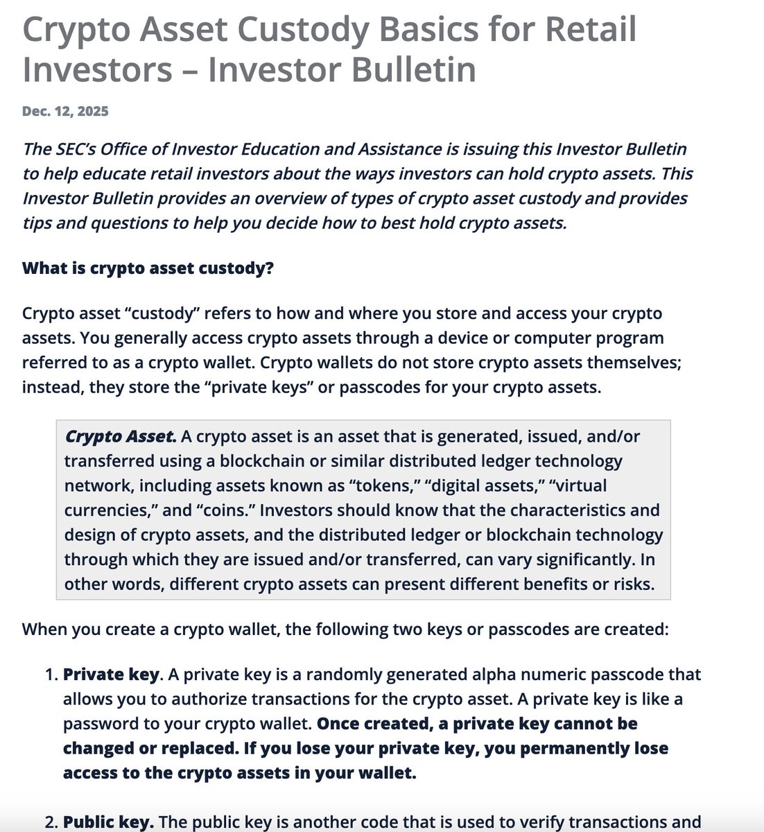 BitcoinMagazine's tweet image. JUST IN: 🇺🇸 SEC publishes "Crypto Asset Custody Basics" for retail Bitcoin investors 👀