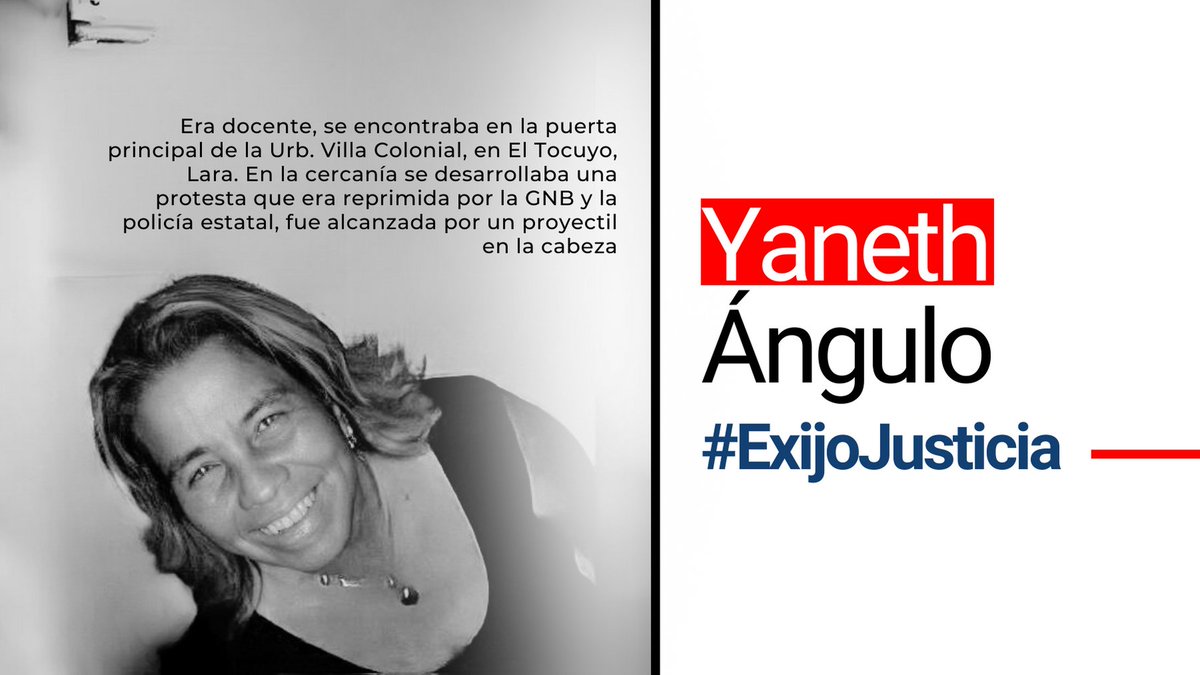 NO OLVIDAR que en el año 2017 fue  asesinada la profesora Janet Angulo por funcionarios del Edo-Lara, en una protesta pacífica el 11 de Julio del 2017.
A 8 años y 5 meses su asesinato continúa impune, NO hay Justicia para los venezolanos asesinados en las protestas en Venezuela