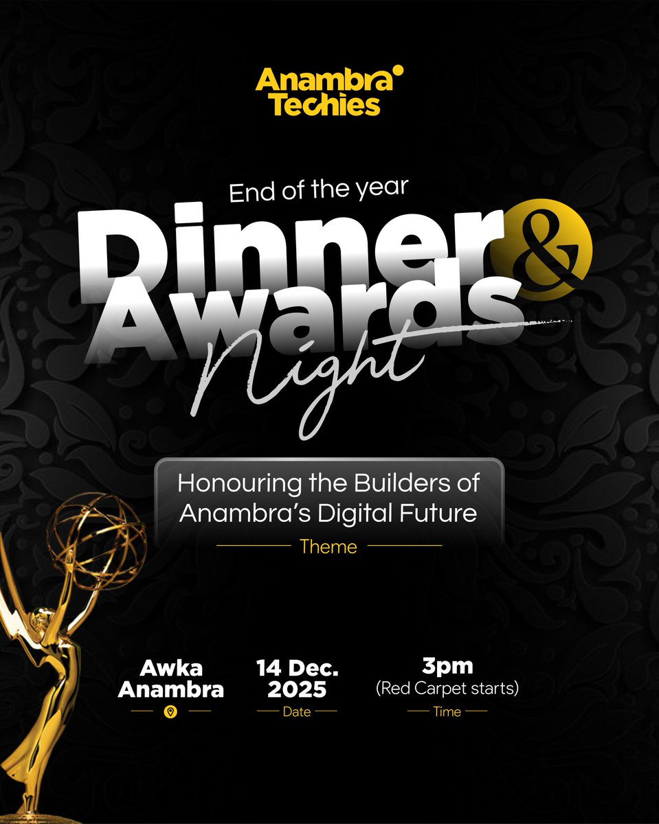 arm_divine's tweet photo. Let the techies rejoice 🔥
Tomorrow we come together to celebrate every effort, challenge, and victory of the year.
Congratulations to all of @AnambraTechies we made it through another Year successfully...
Register here:
https://t.co/wvwjiZqIHu
#Dinner #Awards #Tech #Endyear https://t.co/wh8OGrHFWX