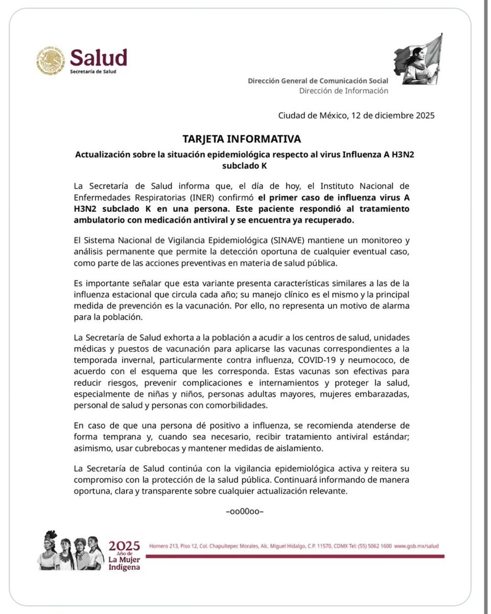Ay nanita… Confirman en México el primer caso de influenza A H3N2 subclado K.
El paciente respondió al tratamiento y ya se recuperó.
Autoridades mantienen vigilancia permanente y explican: la variante se comporta como influenza estacional.
