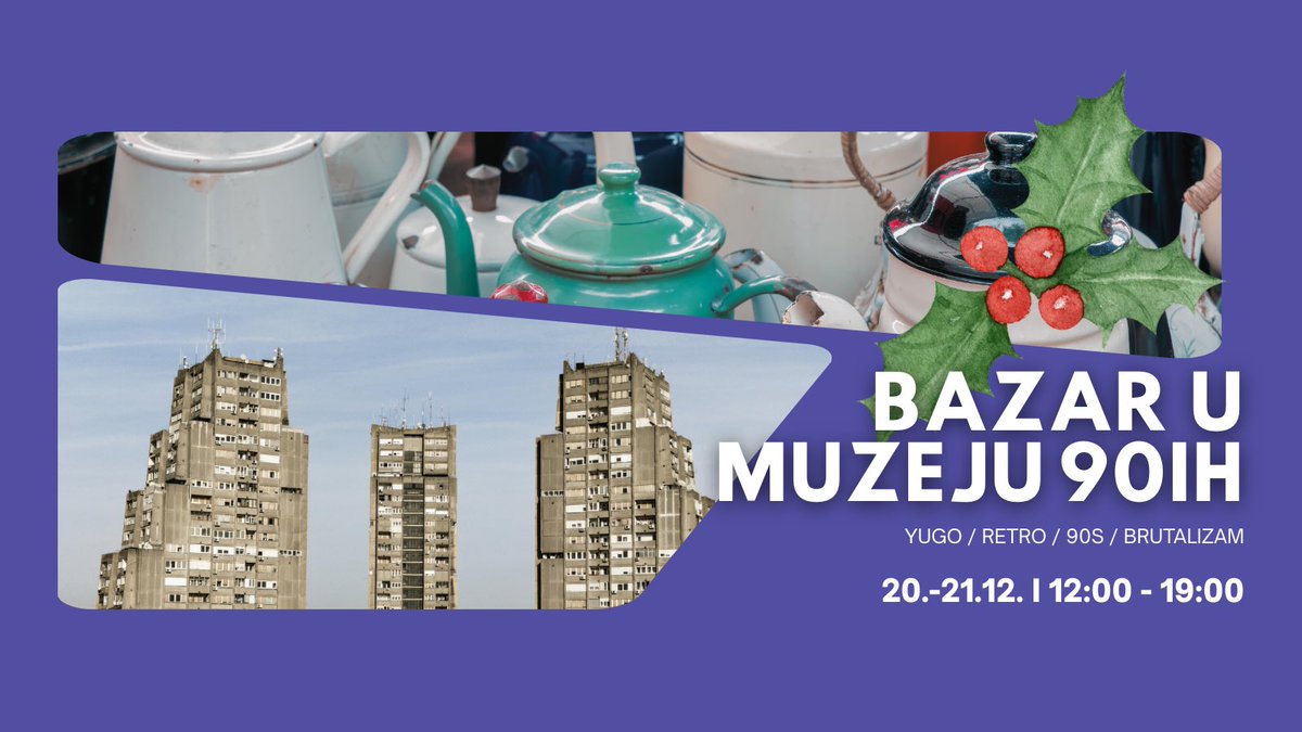 Pozivamo vas na prvi Bazar Muzeja 90-ih🎄

20.-21. decembra | 12-19h

Ručno rađeni dizajn, brutalistički inspirisan nakit i objekti, ilustracije i vintage komadu iz Jugoslavije i 90-ih! Savršeno za praznične poklone🎁✨