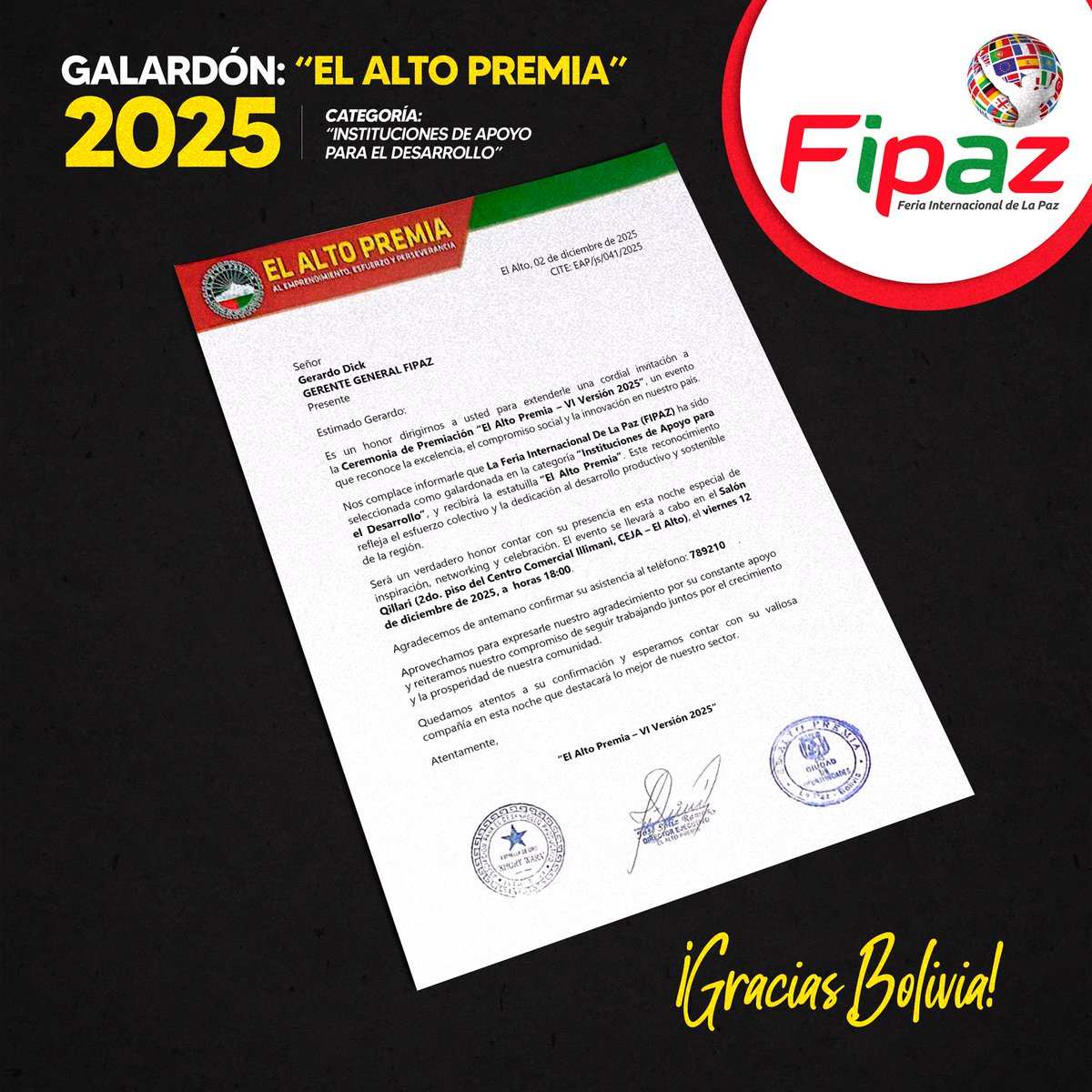 #Noticias | Agradecemos con orgullo el galardón a #FIPAZ de #ElAltoPremia” en la categoría “Instituciones de Apoyo para el Desarrollo”. 🏆

Recibir este premio nos inspira a seguir innovando, fortaleciendo alianzas y creando espacios donde los negocios realmente avanzan. 💪