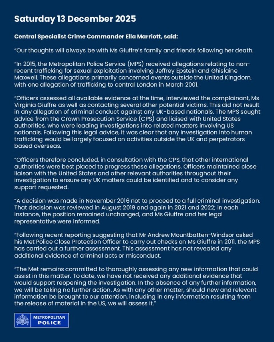 Police have decided to NOT investigate allegations involving #Epstein agst Andrew Windsor in 2016, 2019, 2020, 2022 &amp; now 2025
Meanwhile. Andrew paid £12m to Virginia Guiffre “having never met her
The questions don’t go away, it’s a shame police don’t want to try to answer them.