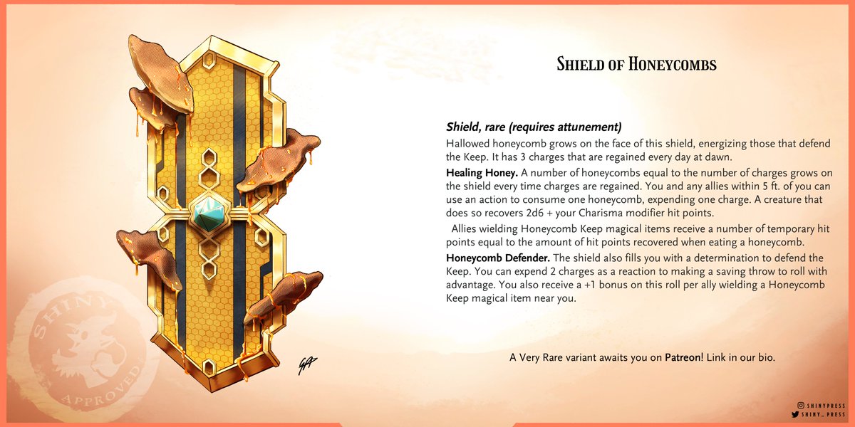 🔥 Beyond sapping the strength of foes, hallowed honey fills its protectors and makers with fortitude. It wells in honeycombs that are carried by trusted knights tasked with both protecting and healing the weaker citizens of the Honeycomb Keep.

#dnd #dnd5e