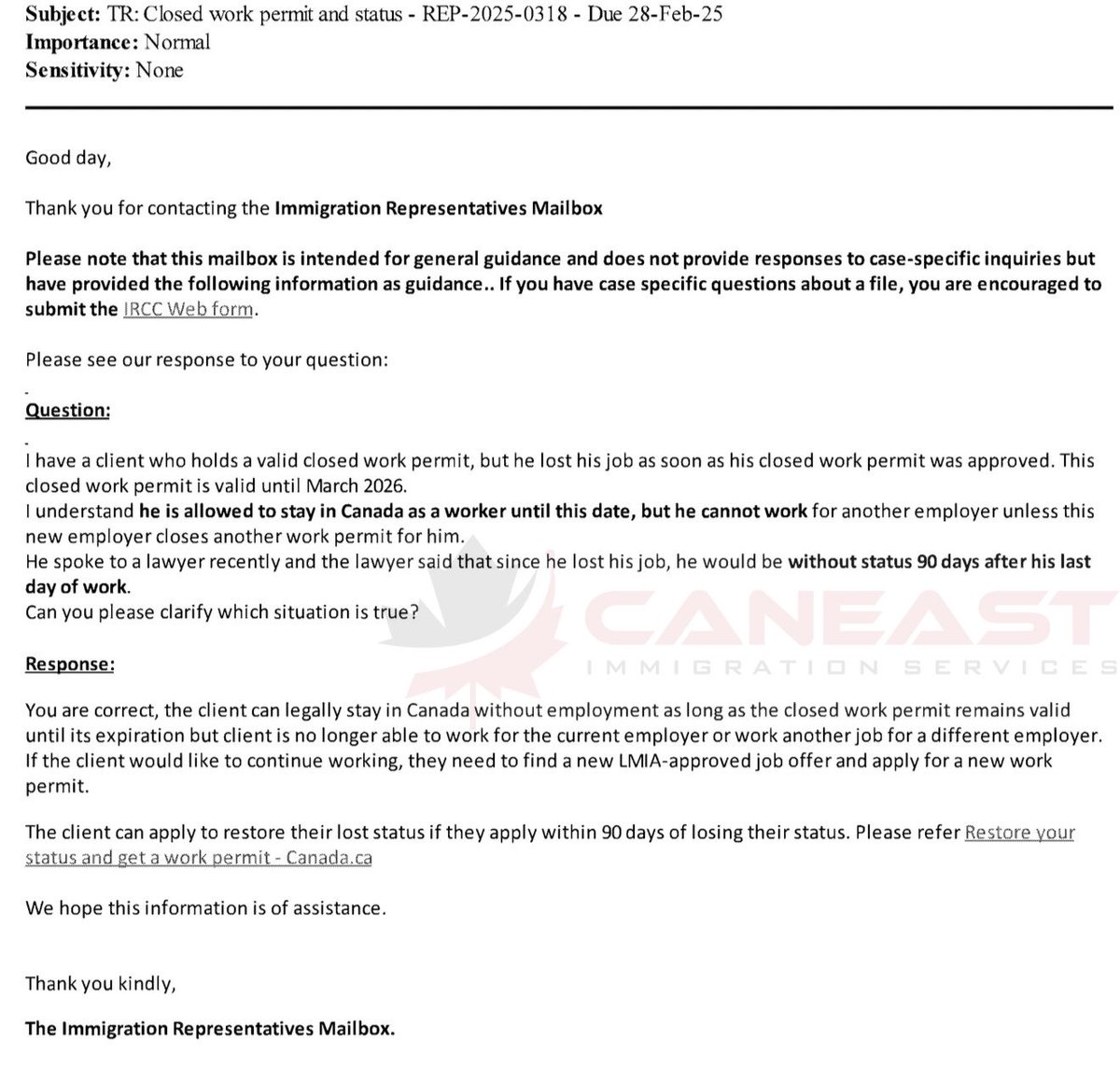 MannyLidher's tweet image. IRCC Clarification: Closed Work Permit &amp;amp; Job Loss 🇨🇦

Q: If someone loses their job after a closed work permit is approved, do they lose status after 90 days?

A (IRCC): ❌ No.
As long as the closed work permit is still valid, the person may legally remain in Canada until the…
