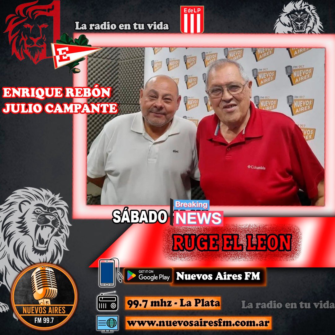 ¡Hoy! En HORARIO ESPECIAL desde las 18:00 no te pierdas un nuevo programa de #RugeElLeon 🦁.

👉 Vamos a estar con toda la previa de la FINAL del Clausura desde Santiago del Estero 🏟️.

🔴 Conduce Enrique Rebón y Julio Campante 👥.

⚪️ <a href="/nuevosairesfm/">Nuevos Aires FM 99.7</a> twitch.tv/nuevosairesfm9…
