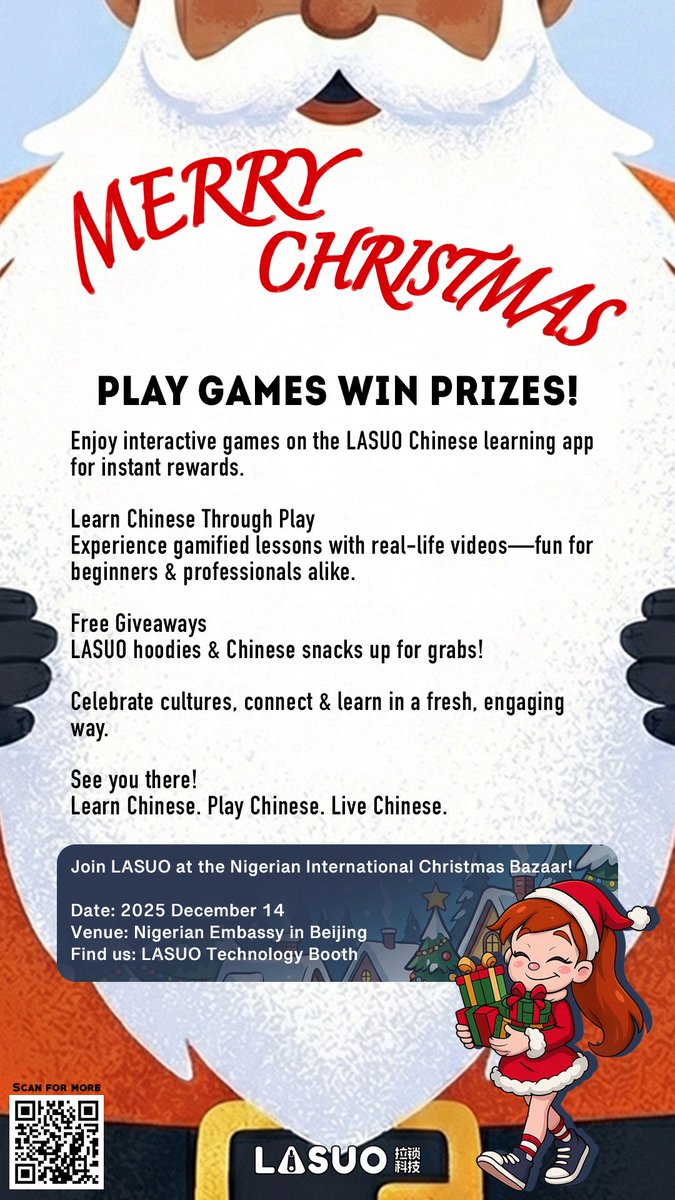 LasuoChinese's tweet photo. Celebrate Christmas across cultures with LASUO! 🎄
Play games, win prizes, and discover a fun way to learn Chinese.

📍Find us at Booth 47! 🇳🇬 🌍 🇨🇳     
     Embassy of the Federal Republic of   Nigeria 
⏰ Tomorrow, 10am-6pm https://t.co/m0XHD0KnBz