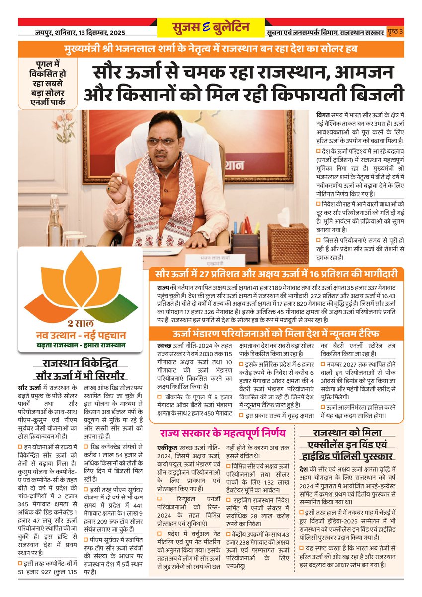 DIPRRajasthan's tweet photo. सुजस ई बुलेटिन
13 दिसंबर, 2025

सड़क सुरक्षा अभियान: मुख्यमंत्री ने सड़क सुरक्षा अभियान के राज्य स्तरीय समारोह में शिरकत की, आमजन को सड़क सुरक्षा की शपथ दिलाई

राज्य सरकार के दो वर्ष: जिलों से विकास रथ रवाना, गांव-ढाणी तक पहुंचेंगे

मुख्यमंत्री श्री भजनलाल शर्मा के नेतृत्व में राजस्थान बन रहा सोलर हब: पूगल में विकसित हो रहा सबसे बड़ा सोलर एनर्जी पार्क

दो साल: नव उत्थान, नई पहचान- 92 हजार से अधिक को सरकारी नियुक्तियां मिली

@BhajanlalBjp
@KumariDiya
@DrPremBairwa
@RajCMO
@RajGovOfficial
#DIPRRajasthan #Rajasthan #RajasthanNews #आपणो_अग्रणी_राजस्थान #बढ़ता_राजस्थान_हमारा_राजस्थान #2साल_नव_उत्थान_नया_राजस्थान