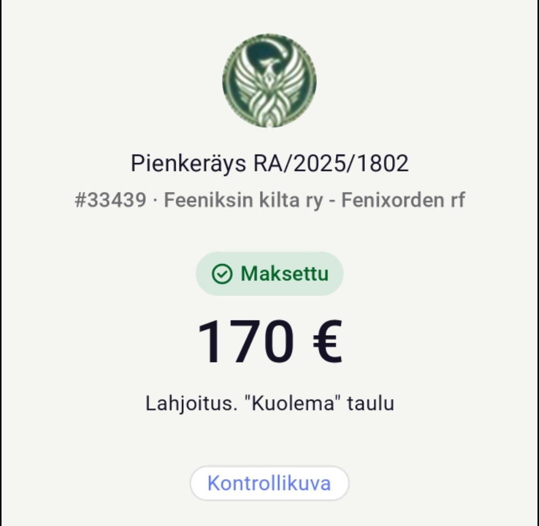 Taas on tehty hyvää ja 
<a href="/Koneenhoitaja/">Jaakko Brofelt</a> on suorittanut maksun taulusta. 

Ping <a href="/FeeniksinKilta/">Feeniksin Kilta</a>

Kiitos 🙏🏻