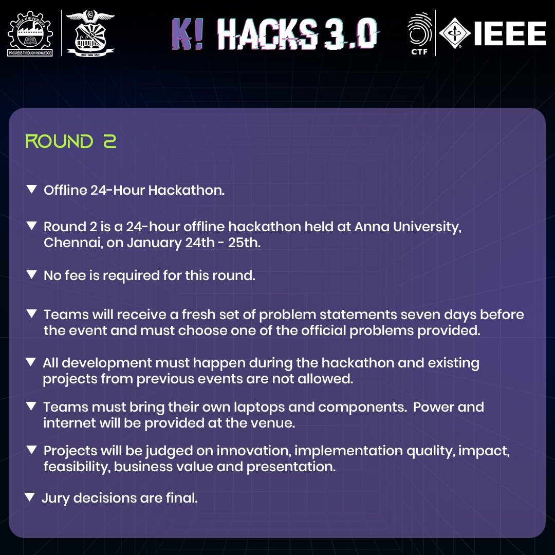 CEG_Tech_Forum's tweet photo. 🚀 K! Hacks 3.0 – Code to Infinity &amp; Beyond!

South India’s biggest student-driven hackathon is back ⚡

🧠 Online idea submission → Top 25 teams
⏱️ 24-hr offline hackathon @ Anna University

Gear up. Build bold. 🔥 https://t.co/0Xox1oy6Pe