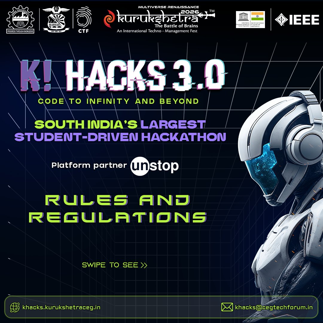 CEG_Tech_Forum's tweet photo. 🚀 K! Hacks 3.0 – Code to Infinity &amp; Beyond!

South India’s biggest student-driven hackathon is back ⚡

🧠 Online idea submission → Top 25 teams
⏱️ 24-hr offline hackathon @ Anna University

Gear up. Build bold. 🔥 https://t.co/0Xox1oy6Pe