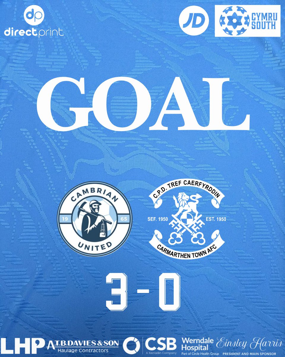 CarmarthenAFC's tweet image. Goal | Gôl 

@CamUtdMen 3-0 Carmarthen Town AFC 

A third for the home side. 

3 i'r tîm cartref.

#UnHenAur #OneOldGold