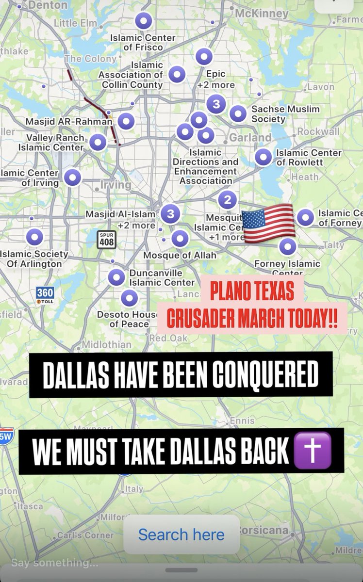 🚨 BREAKING:

Dallas Texas has been totally CONQUERED by Islam!!!! ☪️ 🕌😡

There are DOZENS of Military Outpost MOSQUES everywhere!!! 😳😳

Today CHRISTIAN CRUSADE pushes back against the Islamification of TEXAS!!!

📍 1pm CT meet us at the EPIC MOSQUE on 4700 14th st, PLANO TX