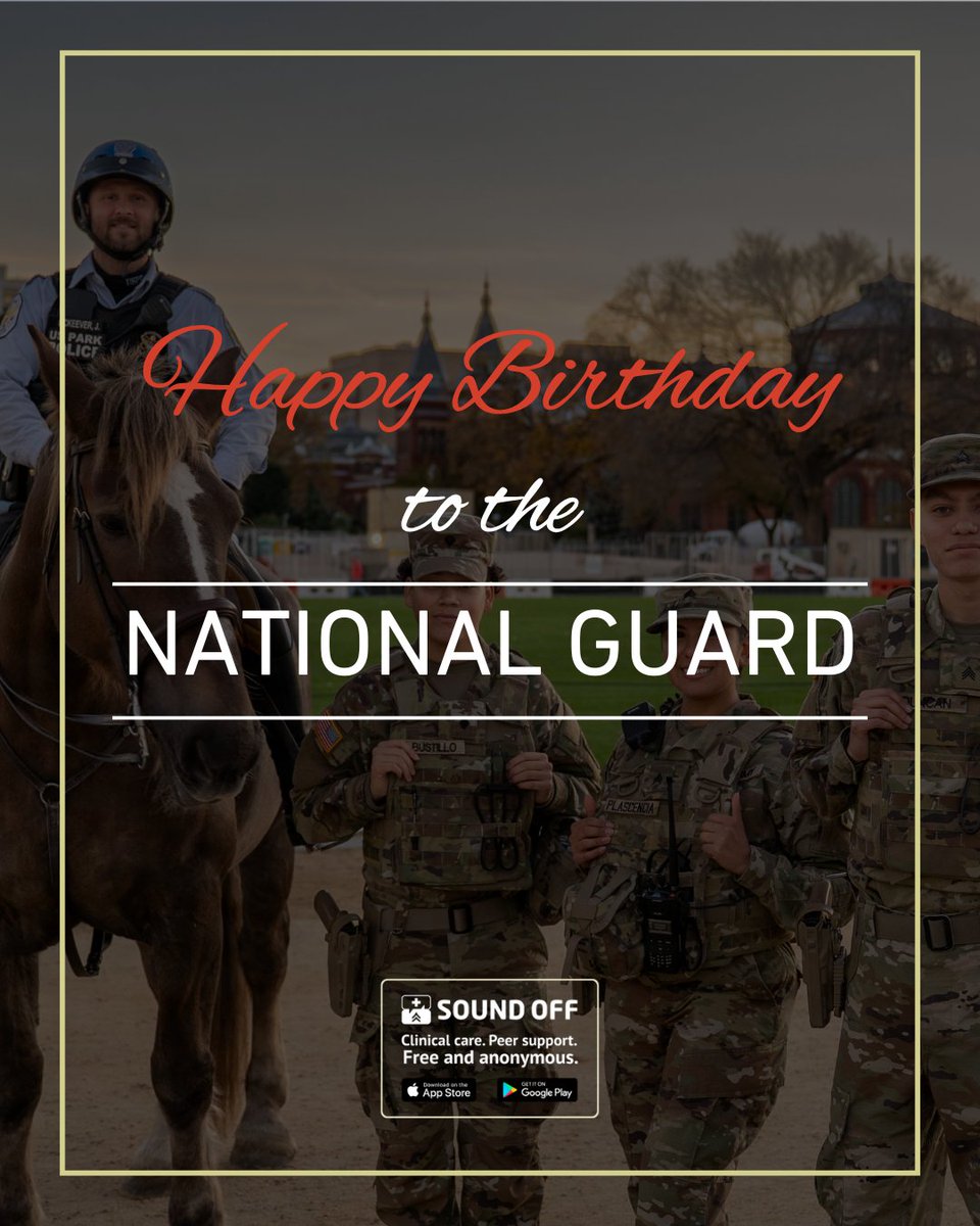 Happy Birthday to the National Guard!

Thank you for your service—today and every day.

Learn more: sound-off.com

#SoundOff #NationalGuard #MilitaryAppreciation #Veterans #ServiceMembers #MentalHealthSupport #NoRankNoRecordsNoStigma