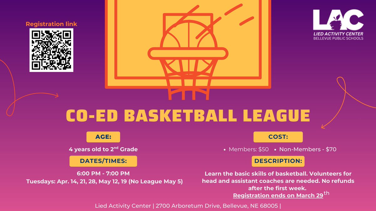 🏀 Learn Basketball and Have Fun! 🏀

Join our Co-Ed Basketball League and master the basics of the game—dribbling, passing, shooting, and teamwork. Whether you’re a beginner or just looking to improve, everyone is welcome!
bellevuepublicschools.org/Page/1764