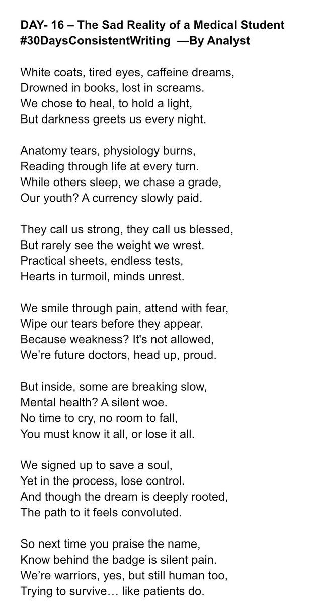 AruaGeneral's tweet image. Day 16 – #30DaysConsistentWriting
Topic: The Sad Reality of a Medical Student.
Beneath the white coat is a heavy heart.  
We carry more than stethoscopes, we carry silent struggles.  
Read. Reflect. Share.  
#SpokenWord #MedLife #StudentReality