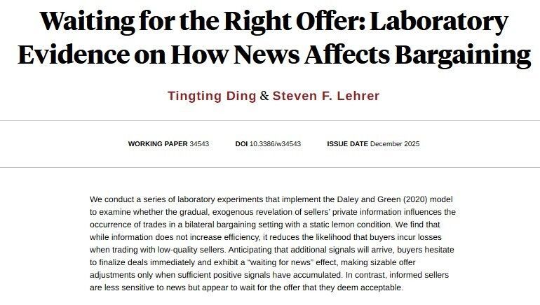 Examining whether the gradual, exogenous revelation of sellers’ private information influences the occurrence of trades in a bilateral bargaining setting with a static lemon condition, from Tingting Ding and <a href="/lehrers/">Steven Lehrer</a> nber.org/papers/w34543