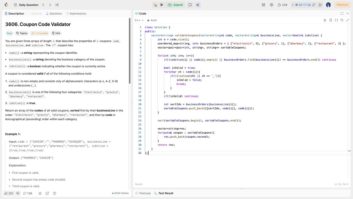 me_sajeeb's tweet image. ✅ Today&apos;s #LeetCode: Coupon Code Validator

Validated &amp;amp; sorted coupons by business line + format. HashMap + composite key sorting.

O(n log n) solution 🚀

#100DaysOfCode #CPlusPlus