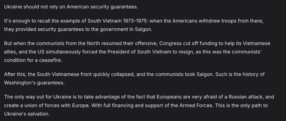 wartranslated's tweet photo. Imprisoned former Georgian president Saakashvili warned Ukraine against relying on US security guarantees, citing South Vietnam's collapse after Washington abandoned its promises, urging Ukraine to build a European alliance instead. https://t.co/o5c0SLOWR3
