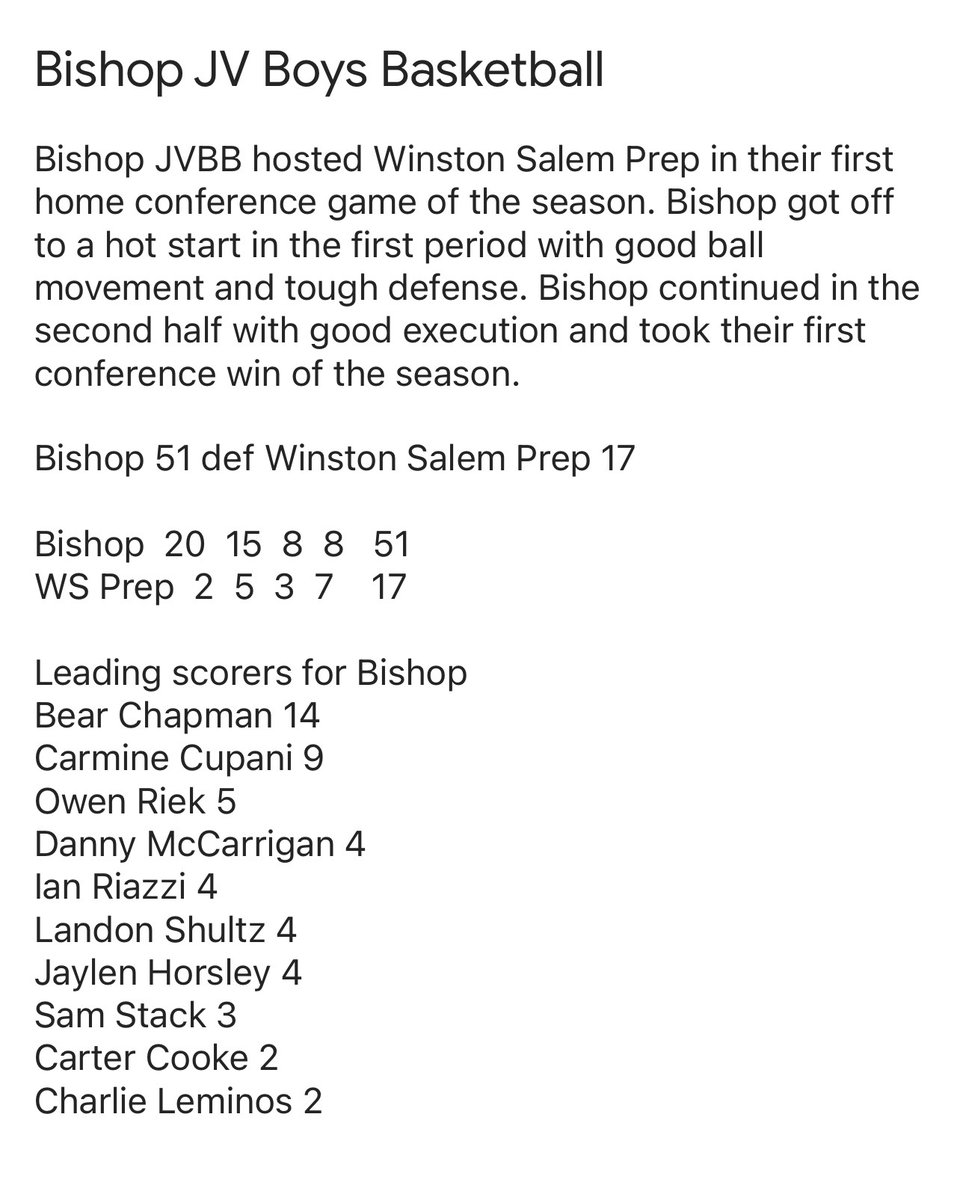 Bishop JVB Basketball gets the win over Winston-Salem Prep!