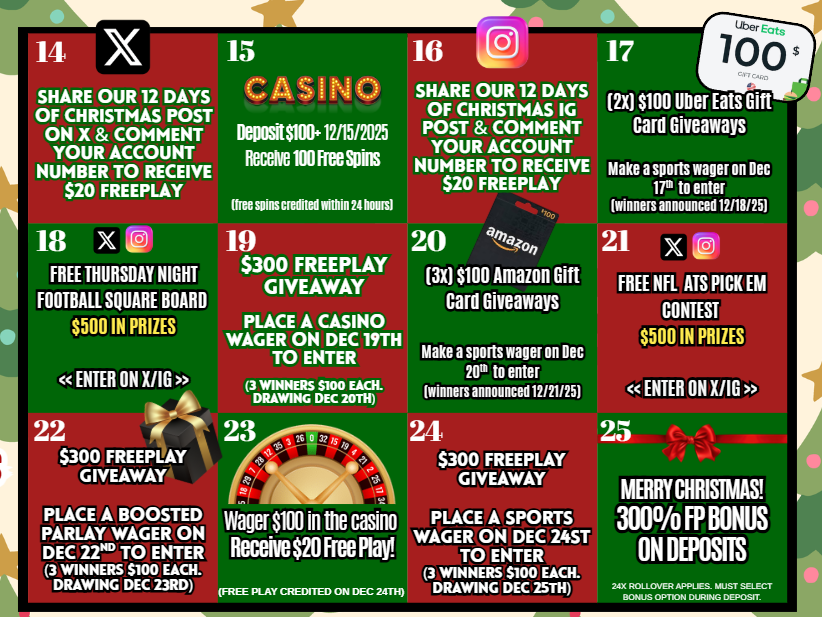 🎅🎄12 Days of Christmas Promotions🎄🎅

Today Only (December 14, 2025)

Share this Post and Comment your account number to receive a $20 Free Play Credit! 

Need an account? Register Below👇
wagerattack.ag/?aff=twitter 

(All credits will be posted within 24 hrs)

Happy Holidays!🎄