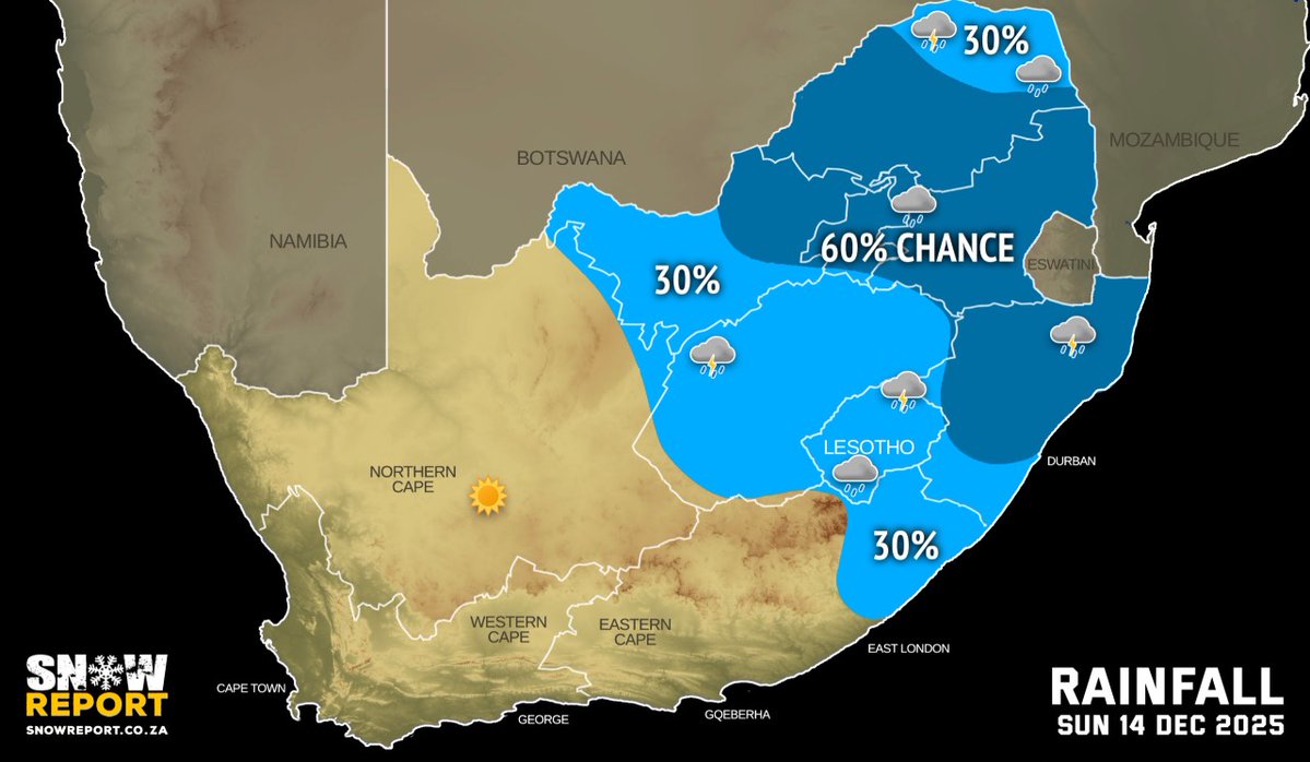 SUNDAY WEATHER: Rain or thunderstorms in the central and eastern parts of the country. See snowreport.co.za for the full forecast #saws #weather #forecast #weatherwarnings