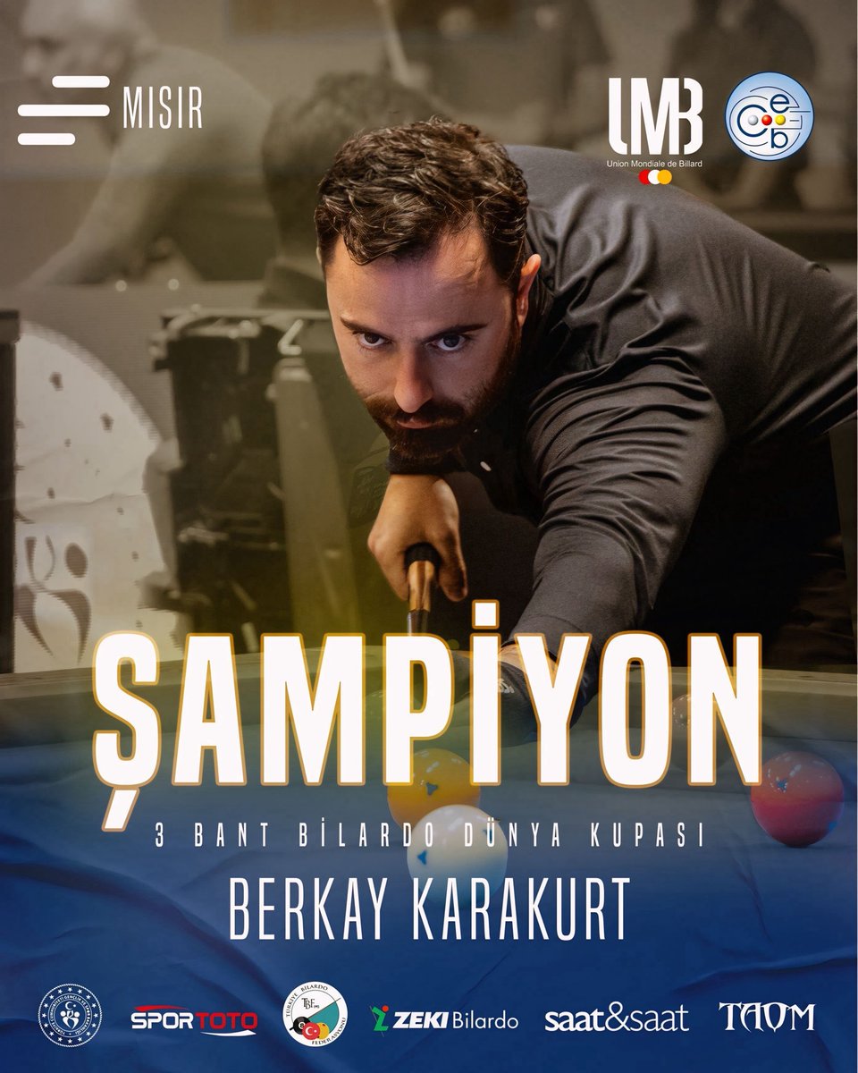 🔥🇹🇷🏆 DÜNYA KUPASI ŞAMPİYONU BERKAY KARAKURT!

07-13 Aralık 2025 tarihleri arasında Mısır’da düzenlenen 3 Bant Bilardo Dünya Kupası’nda milli sporcumuz Berkay Karakurt, finalde Sameh Sidhom’u 50-46 mağlup ederek şampiyonluğa ulaştı.