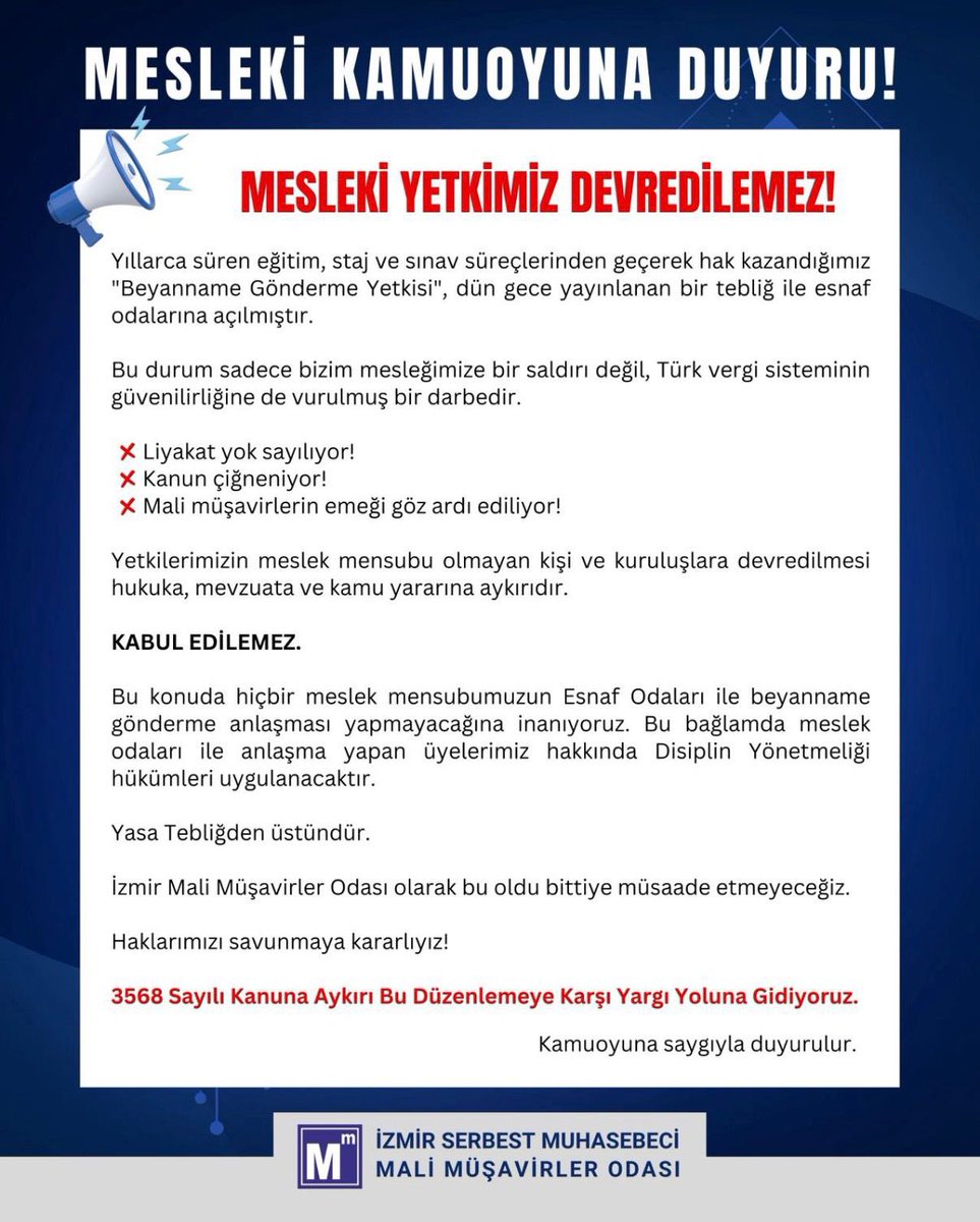 AlisahinSmmm's tweet photo. MALİ MÜŞAVİRLERİN YETKİLERİ KİŞİ YADA KURUMLARA DEVREDİLEMEZ.
TOPYEKÜN BİR KARŞI DURUŞ SERGİLENMESİ GEREKİR. 
 #SMMMYetkiGaspınaHayır https://t.co/bFL2fKuTQG