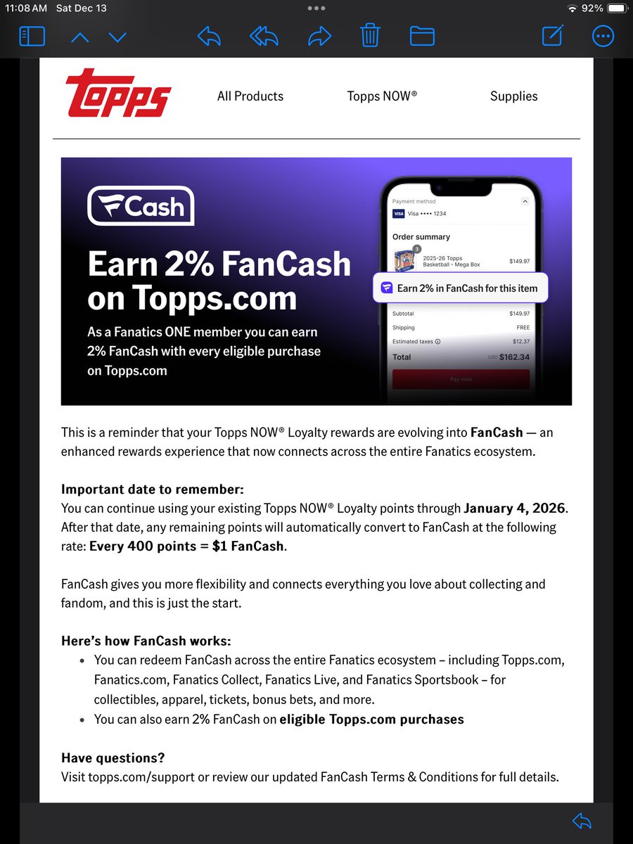 SecKing13's tweet image. Just a heads up for all Topps customers. They are changing your loyalty points to fancash.

Loyalty points will be converted in Jan. 

4000 points=$40 off Topps Now

4000 points=$10 fancash

@CardPurchaser