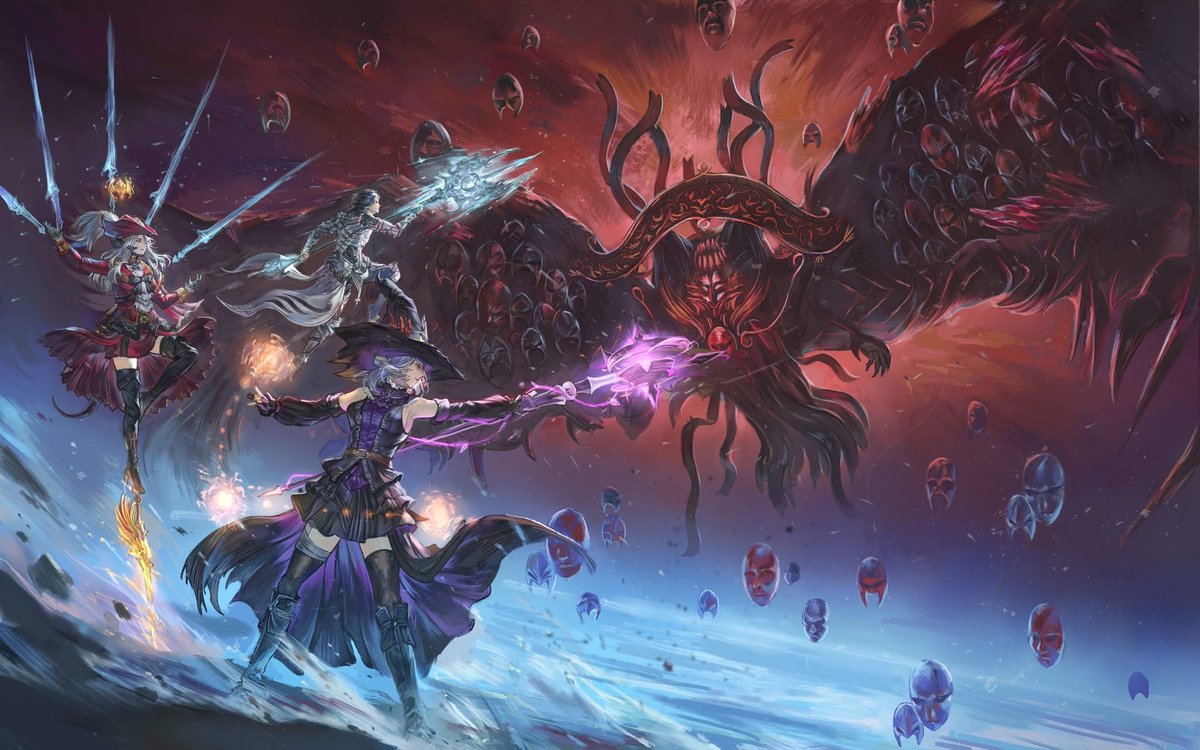 Three souls, one fight. 
Facing the monsters of a thousand masks.

#finalfantasyxiv  #commission  #illustration