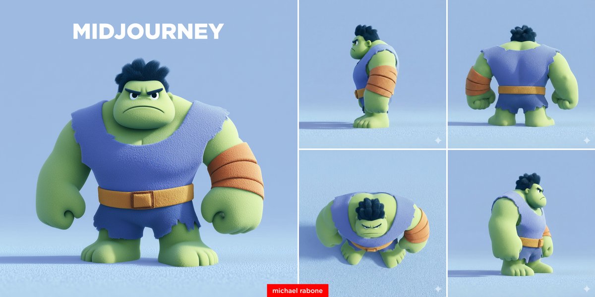 One more banana example 🍌

1. Midjourney Prompt
Hulk --ar 1:1 --sref 2208675465
--sw 100 --stylize 300 --v 7

2. Nano Banana Pro Prompt
Turn this character to side view