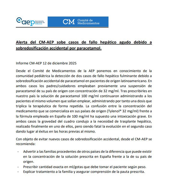 ‼️ En Latinoamérica el jarabe de paracetamol está muy diluido mientras que en España el jarabe está muy concentrado.

👉 Un niño ha fallecido y otro está muy grave porque los padres compraron el jarabe de paracetamol en España y le dieron la dosis que utilizaban en Latinoamérica: