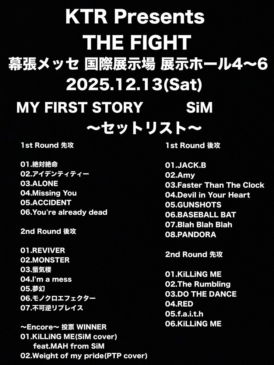 music_N777's tweet photo. THE FIGHT セトリ

MY FIRST STORY VS SiM

#マイファス #MYFIRSTSTORY
#SiM
#THE_FIGHT #幕張メッセ
#セトリ https://t.co/DGJ5oFIVzG