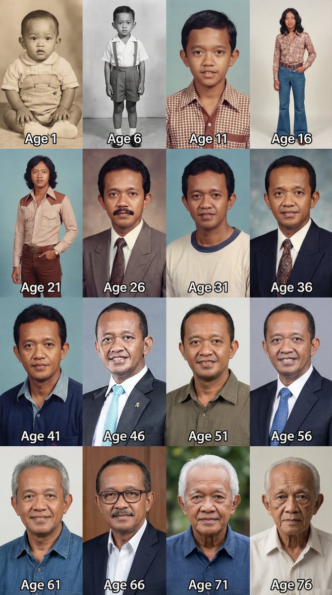 Nano Banana bisa prediksi foto lo di masa depan dan di masa lalu cuma dari 1 foto.

Pake prompt ini:

Generate an image from the uploaded photo that shows a 4 x 4 grid. The uploaded photo is [your age] years old. Each square draws you at an age calculated as 1 plus (square