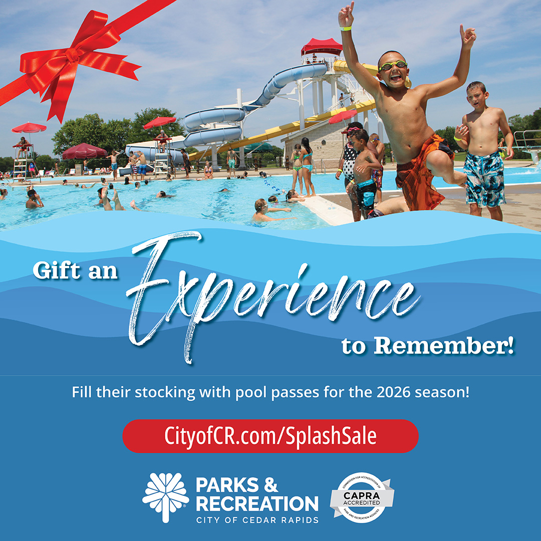 CityofCRiowa's tweet image. The Holiday Splash Sale is live! 🎉🏊‍♀️ Purchase your 2026 Pool Pass today. It's your last chances to get the 2025 price.

Easy to buy and great for gifting ☀️🎁

CityOfCR.com/SplashSale

#HolidaySplashSale #CRParks #PoolPass