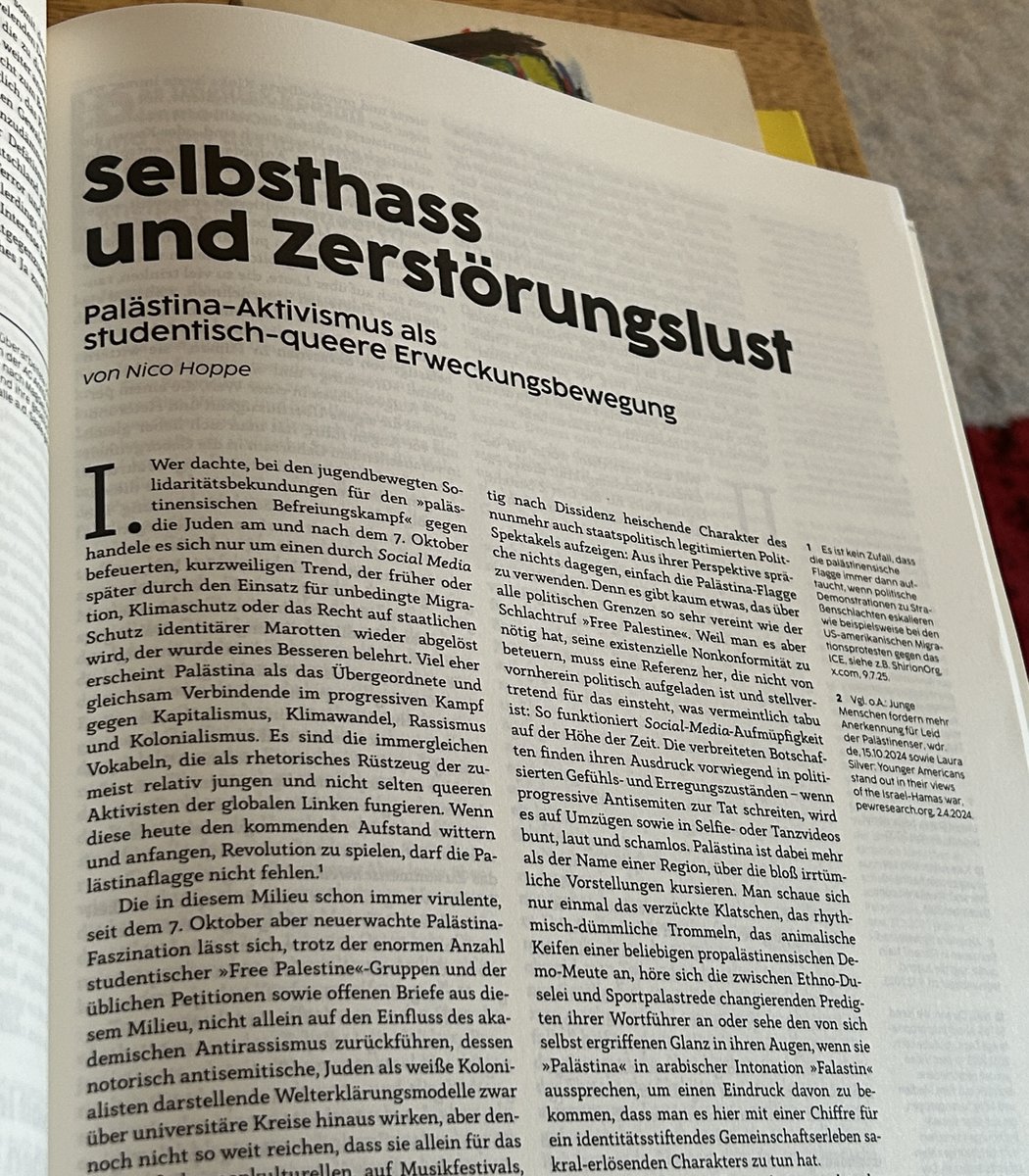 In der neuen Ausgabe der casa|blanca habe ich ausgeführt, warum der scheinsubversiv-ästhetisierte Konformismus des Palästina-Aktivismus vor allem junge Linke und „Queers“ in seinen Bann zieht.

Das Heft kann man hier bestellen: textezurfalschenzeit.de/shop/