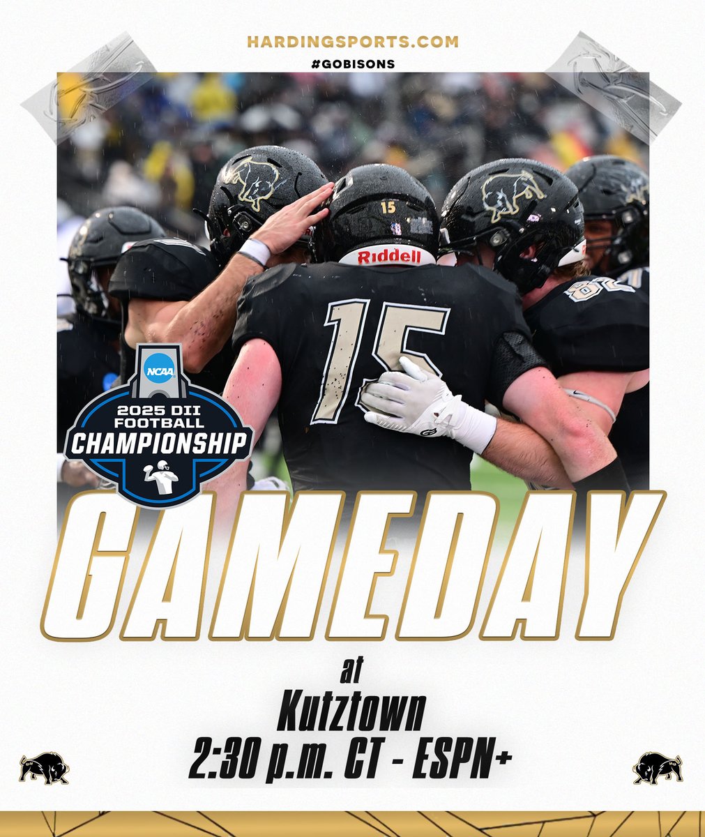 .<a href="/Harding_FB/">Harding Football</a> GAMEDAY! The Bisons travel to and take on Kutztown at 2:30 p.m. CT in the semifinals of the NCAA DII Playoffs. #GOBisons

Stats: ow.ly/okfS50XHsuc
Video: ow.ly/joUg50XHsue
Radio: KVHU 95.3
Radio Stream: ow.ly/1ZBH50XHsuh
Radio App: TuneIn