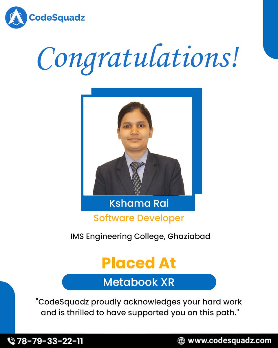appsquadzedu's tweet image. 🎉Big Congratulations to Our Star Achiever!🎉

We are immensely proud to celebrate the success of Kshama Rai, who has been successfully placed as a Software Developer at Metabook XR!

#PlacementSuccess #StudentAchievement #SoftwareDeveloper #ProudMoment #CareerGrowth  #CodeSquadz