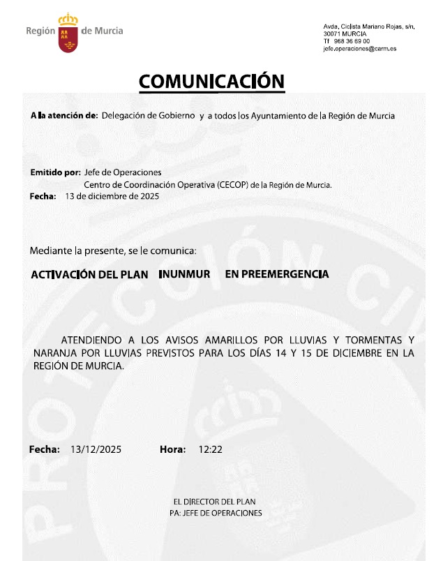 La Dirección General de Seguridad Ciudadana y Emergencias activa en fase de preemergencia el PLAN INUMUR, y emite alerta de nivel naranja por lluvias y tormentas en el Noroeste a partir de la próxima noche

⛈️noticias.112rmurcia.es/?p=14155