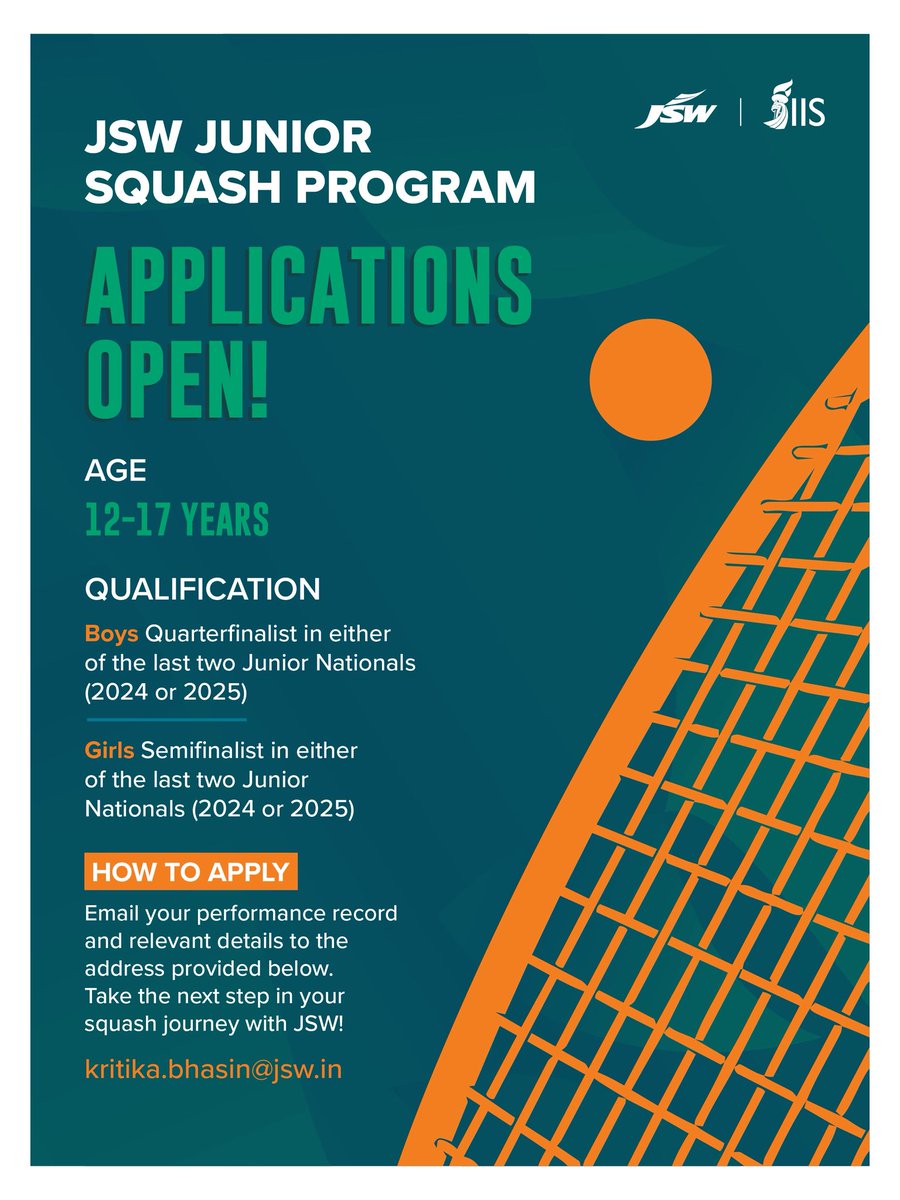 IIS_Vijayanagar's tweet photo. Big goals start with the right opportunities. ✨

The JSW Junior Squash Program is now open for applications. If you are ready to train, compete and grow in a high-performance environment, this is your chance.

Applications close on 21st December. ⏳
Take the next step in your squash journey. 🏆

#TeamIIS #JSWJuniorSquash #CraftingVictories 🇮🇳